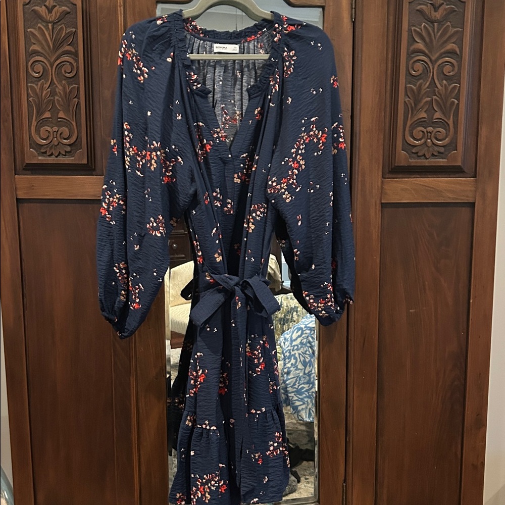 Sonoma Blue Dress with Red Floral Pattern